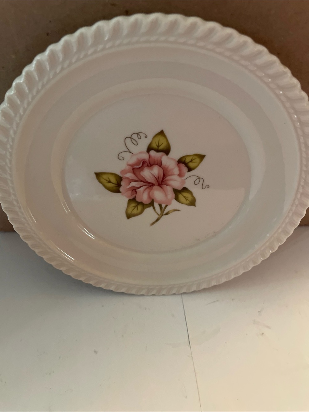 Vintage Harker Translucent China Pink Flower 6" Ivory White Plate Made in USA